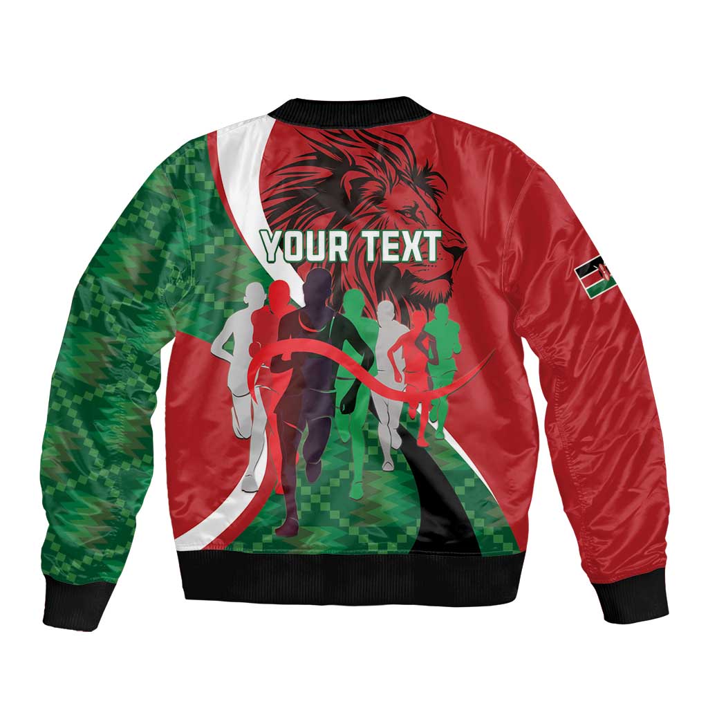Unisex bomber jacket with red/green/white graphic, YOUR TEXT print, ribbed hem