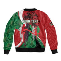 Unisex bomber jacket with red/green/white graphic, YOUR TEXT print, ribbed hem