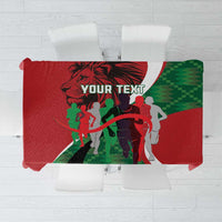 Red, green and white athletics tablecloth with runner graphic and “YOUR TEXT” panel