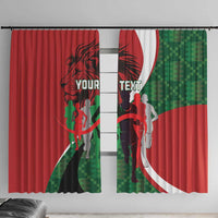 Red window curtain panels with green pixel banding and black athlete lion graphic