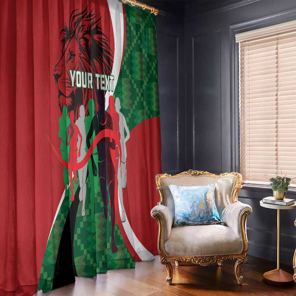 Red window curtain with green pixel side panels and black lion athlete design