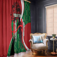 Red window curtain with green pixel side panels and black lion athlete design
