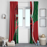 Red window curtain set with green pixel panels and black athlete lion graphic