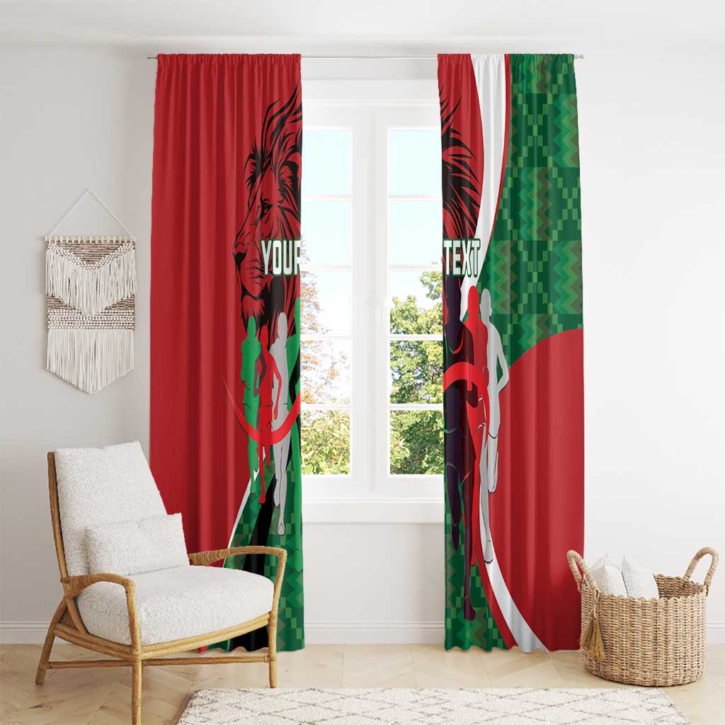 Red curtain panels with green pixel accents and black lion athlete artwork