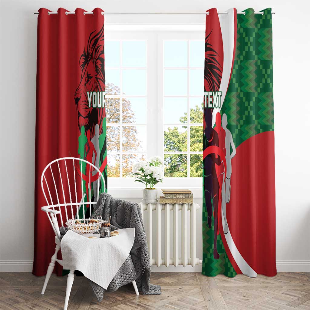 Red window curtain panels with green pixel right side and black athlete lion motif