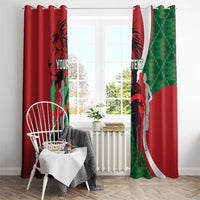 Red window curtain panels with green pixel right side and black athlete lion motif