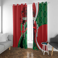 Red curtains with green pixel panels and black athlete lion graphic along the edge