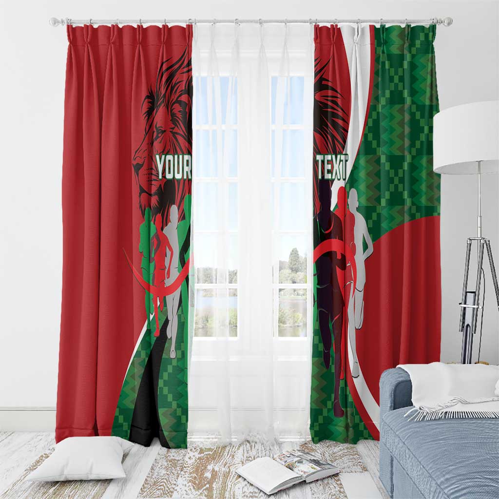 Red window curtain pair with green pixel sections and black athlete lion design