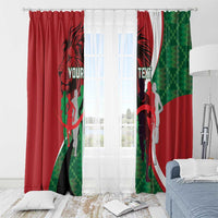Red window curtain pair with green pixel sections and black athlete lion design