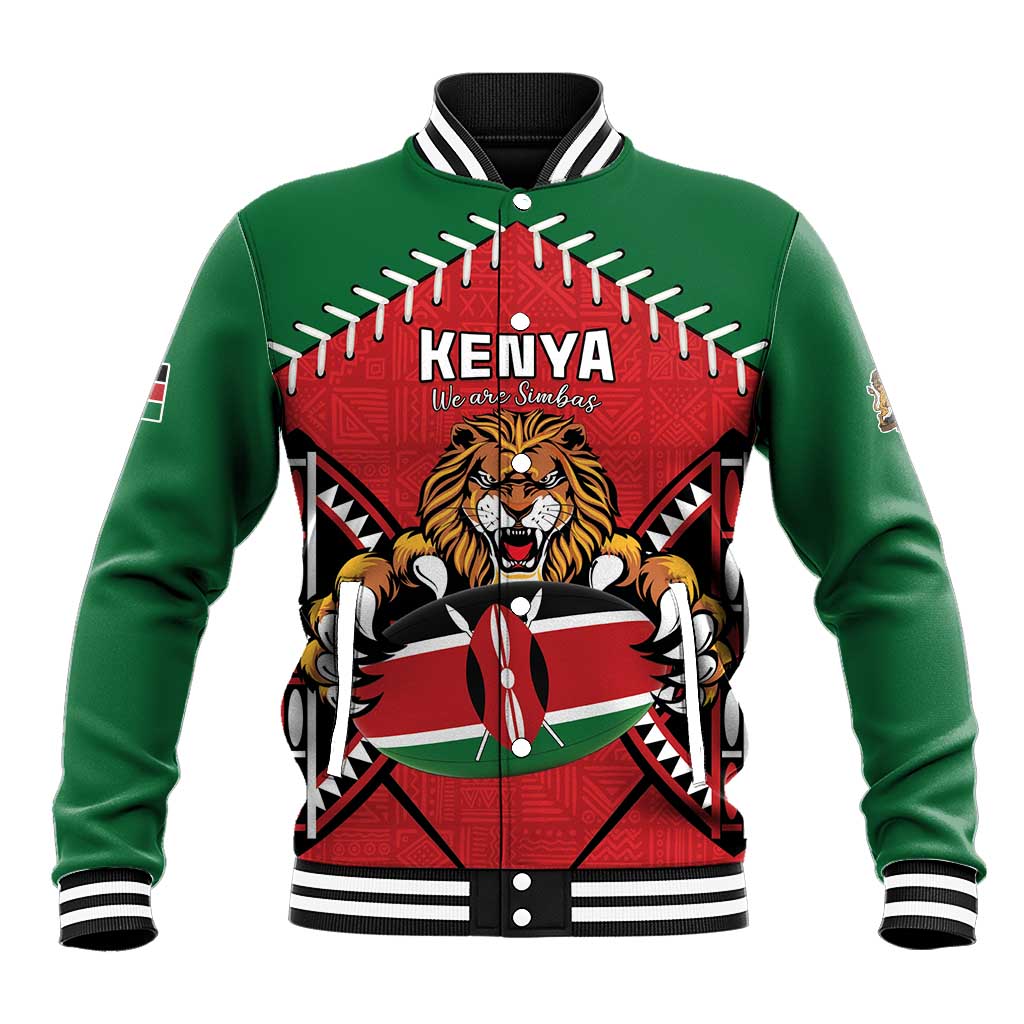 Custom Kenya Rugby Baseball Jacket Lion Mascot African Pattern