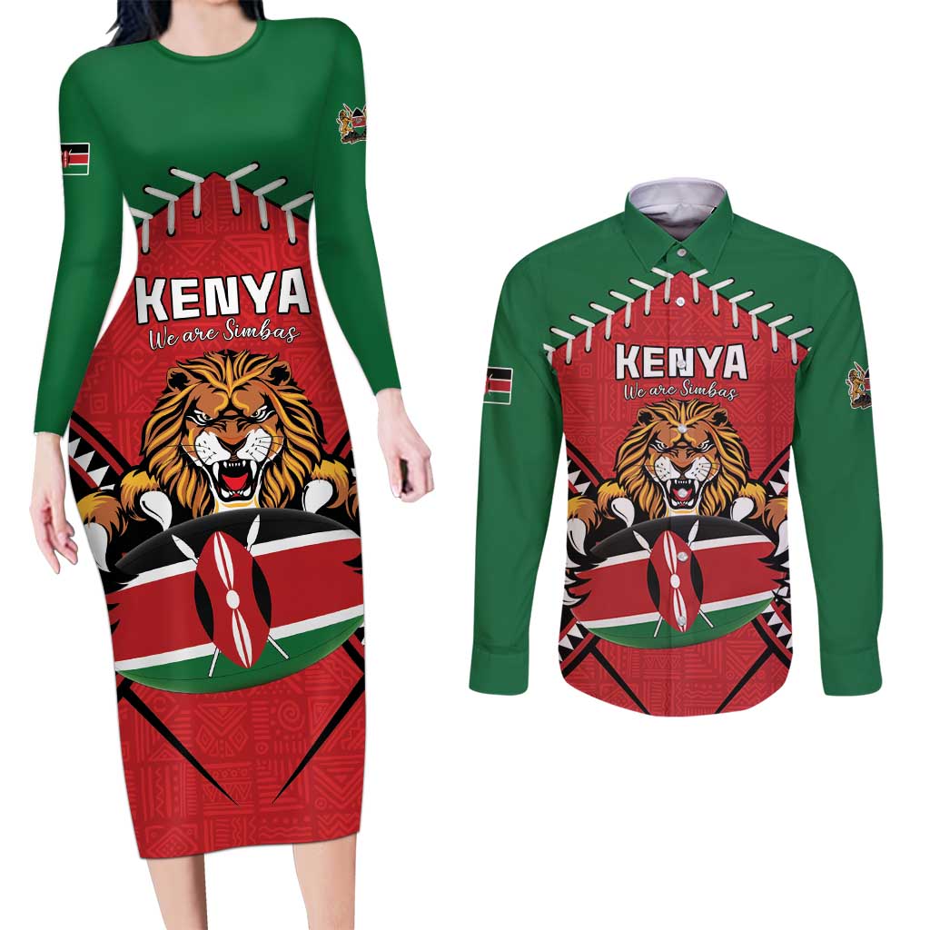 Custom Kenya Rugby Couples Matching Long Sleeve Bodycon Dress and Long Sleeve Button Shirt Lion Mascot African Pattern