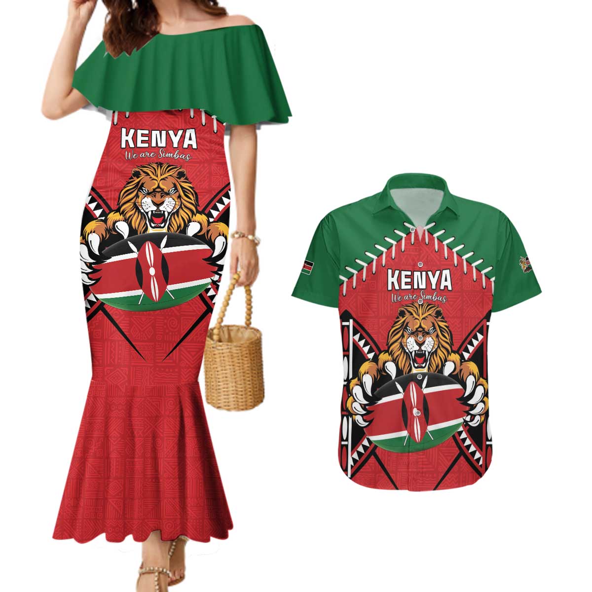 Custom Kenya Rugby Couples Matching Mermaid Dress and Hawaiian Shirt Lion Mascot African Pattern