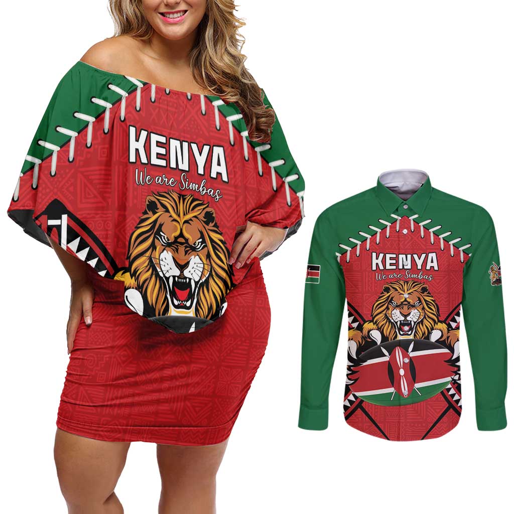 Custom Kenya Rugby Couples Matching Off Shoulder Short Dress and Long Sleeve Button Shirt Lion Mascot African Pattern