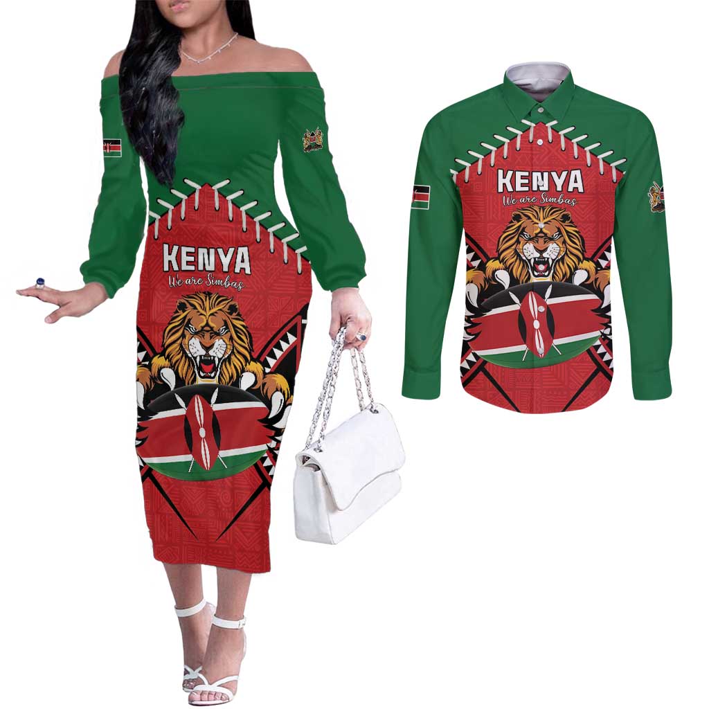 Custom Kenya Rugby Couples Matching Off The Shoulder Long Sleeve Dress and Long Sleeve Button Shirt Lion Mascot African Pattern