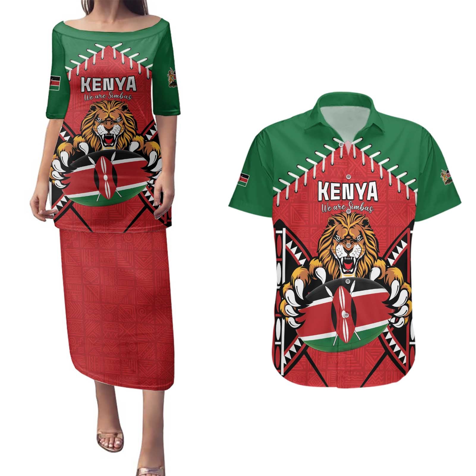 Custom Kenya Rugby Couples Matching Puletasi and Hawaiian Shirt Lion Mascot African Pattern