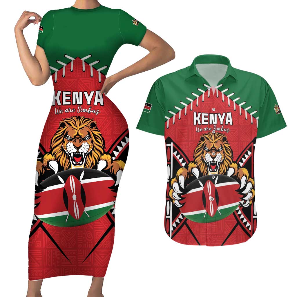 Custom Kenya Rugby Couples Matching Short Sleeve Bodycon Dress and Hawaiian Shirt Lion Mascot African Pattern