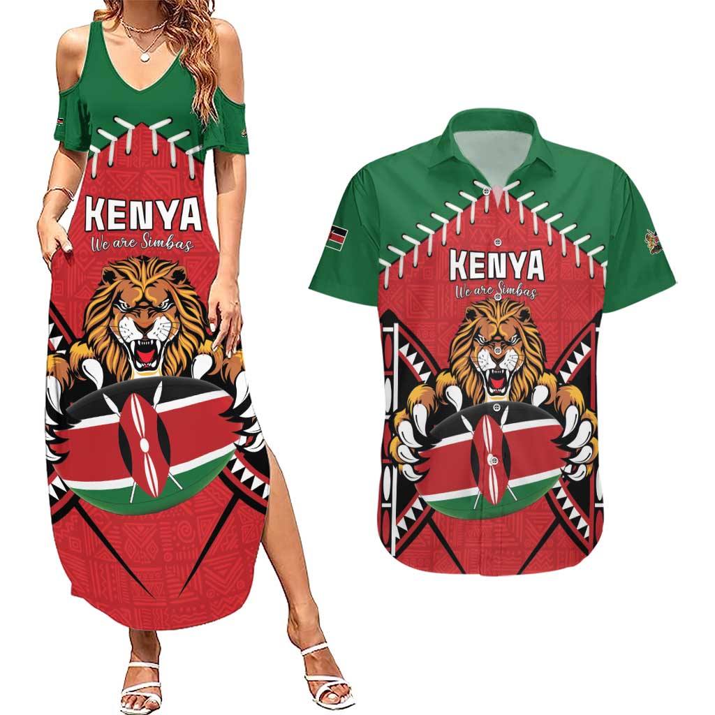 Custom Kenya Rugby Couples Matching Summer Maxi Dress and Hawaiian Shirt Lion Mascot African Pattern