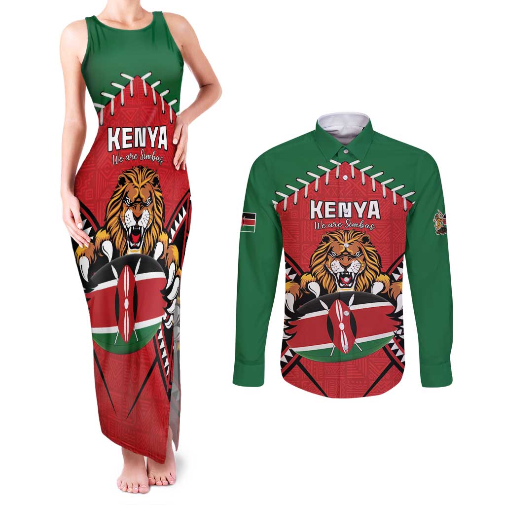 Custom Kenya Rugby Couples Matching Tank Maxi Dress and Long Sleeve Button Shirt Lion Mascot African Pattern