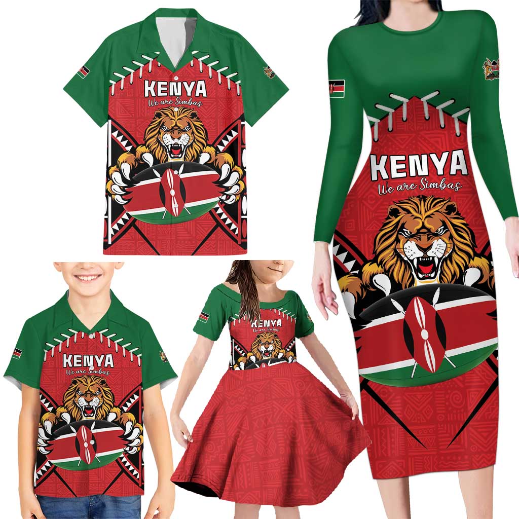 Custom Kenya Rugby Family Matching Long Sleeve Bodycon Dress and Hawaiian Shirt Lion Mascot African Pattern