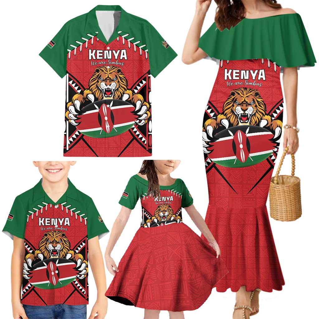 Custom Kenya Rugby Family Matching Mermaid Dress and Hawaiian Shirt Lion Mascot African Pattern