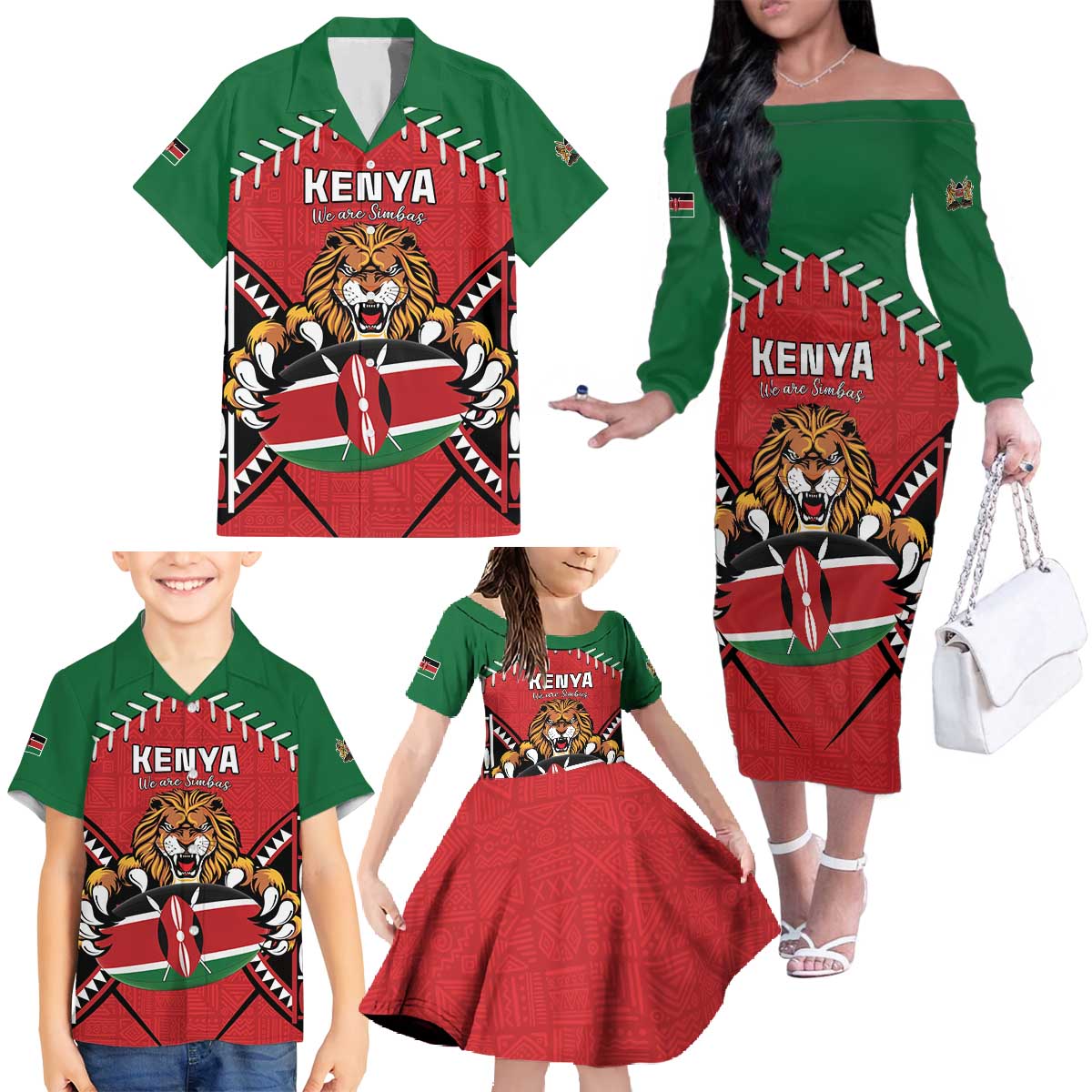 Custom Kenya Rugby Family Matching Off The Shoulder Long Sleeve Dress and Hawaiian Shirt Lion Mascot African Pattern