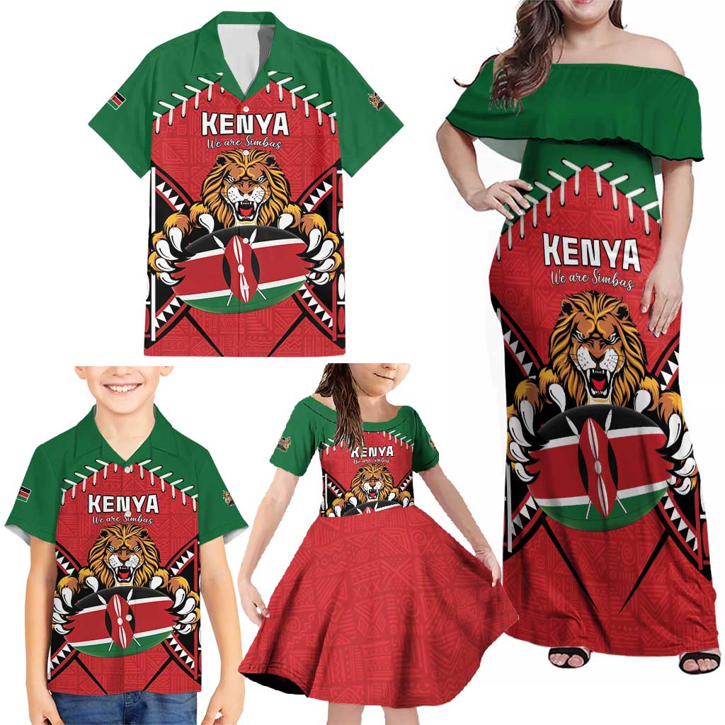 Custom Kenya Rugby Family Matching Off Shoulder Maxi Dress and Hawaiian Shirt Lion Mascot African Pattern