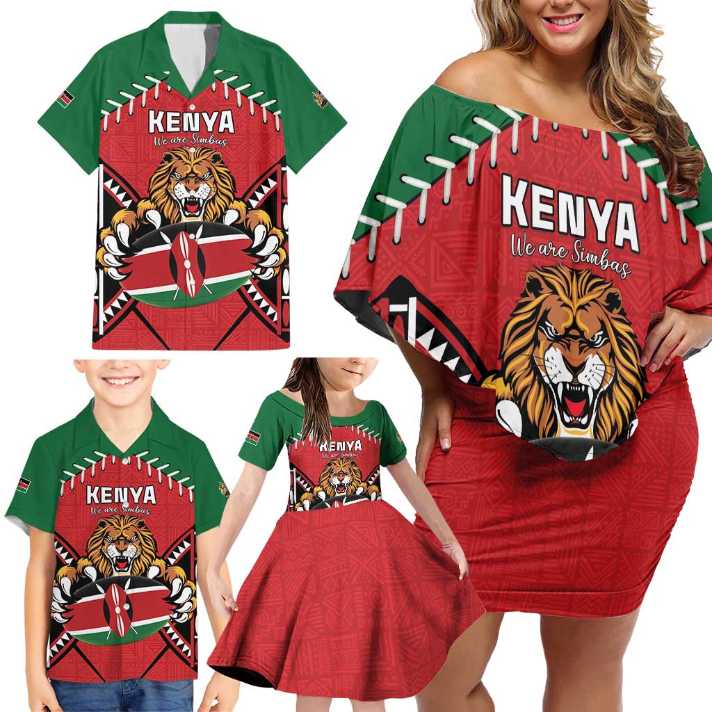 Custom Kenya Rugby Family Matching Off Shoulder Short Dress and Hawaiian Shirt Lion Mascot African Pattern