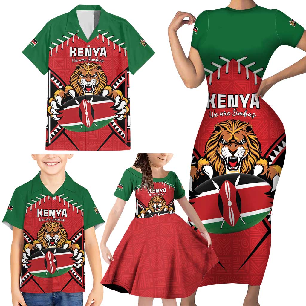 Custom Kenya Rugby Family Matching Short Sleeve Bodycon Dress and Hawaiian Shirt Lion Mascot African Pattern