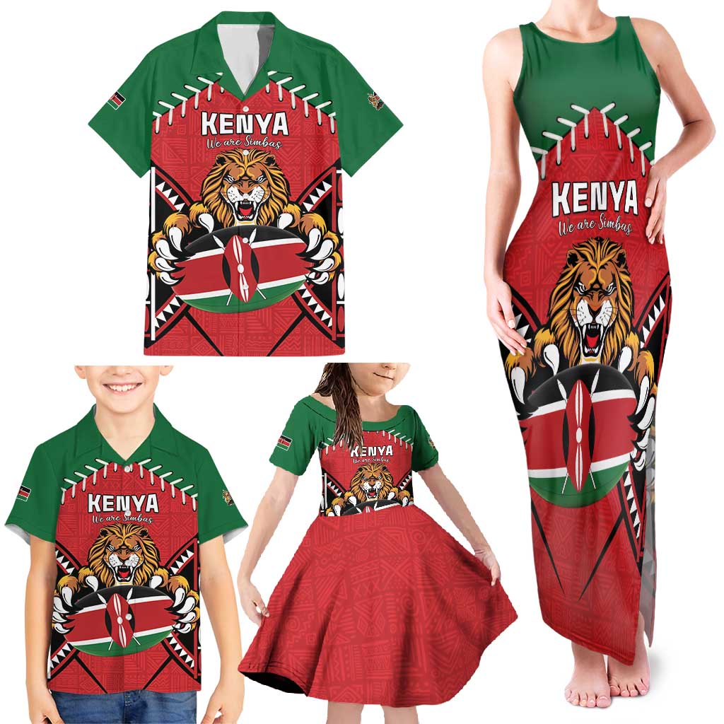 Custom Kenya Rugby Family Matching Tank Maxi Dress and Hawaiian Shirt Lion Mascot African Pattern