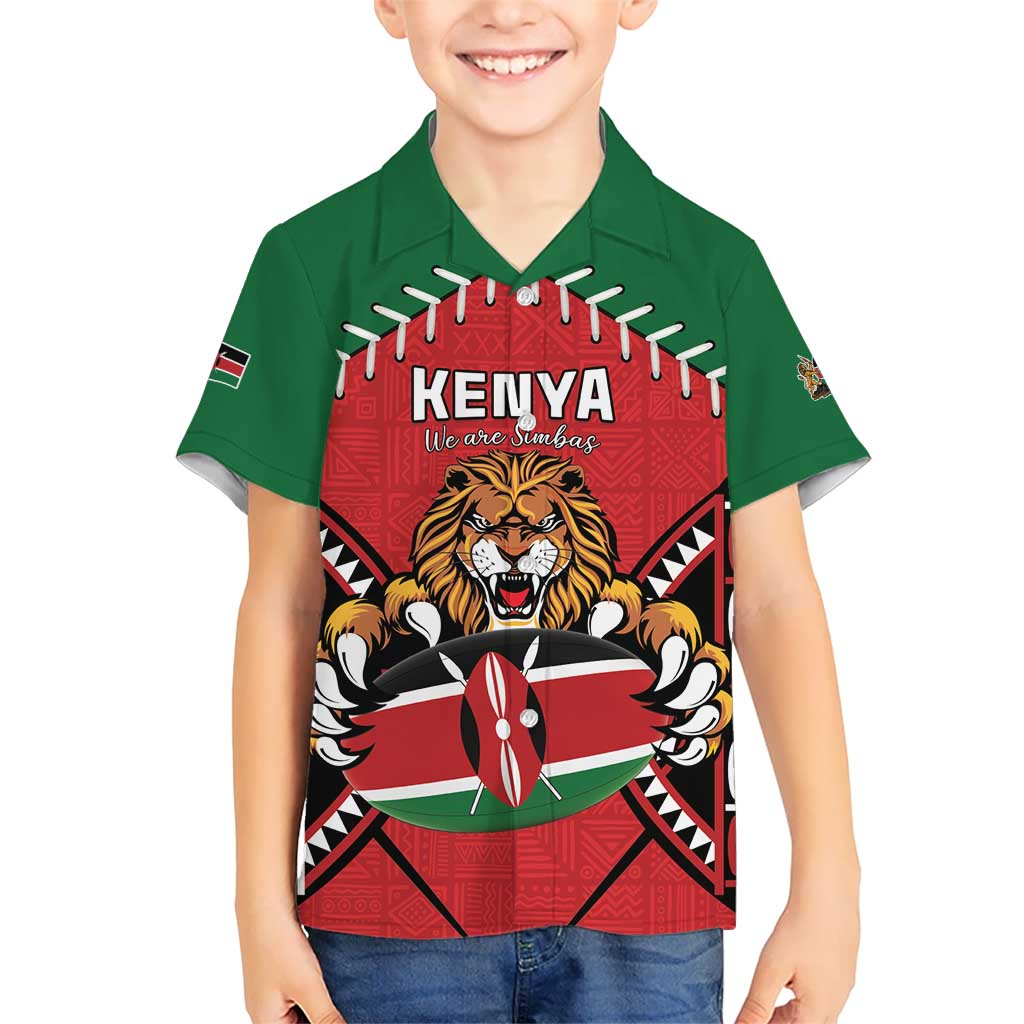 Custom Kenya Rugby Kid Hawaiian Shirt Lion Mascot African Pattern