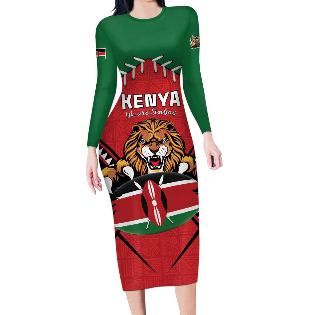 Custom Kenya Rugby Long Sleeve Bodycon Dress Lion Mascot African Pattern