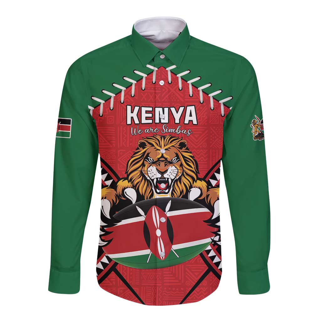 Custom Kenya Rugby Long Sleeve Button Shirt Lion Mascot African Pattern