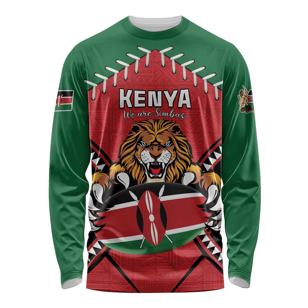 Custom Kenya Rugby Long Sleeve Shirt Lion Mascot African Pattern