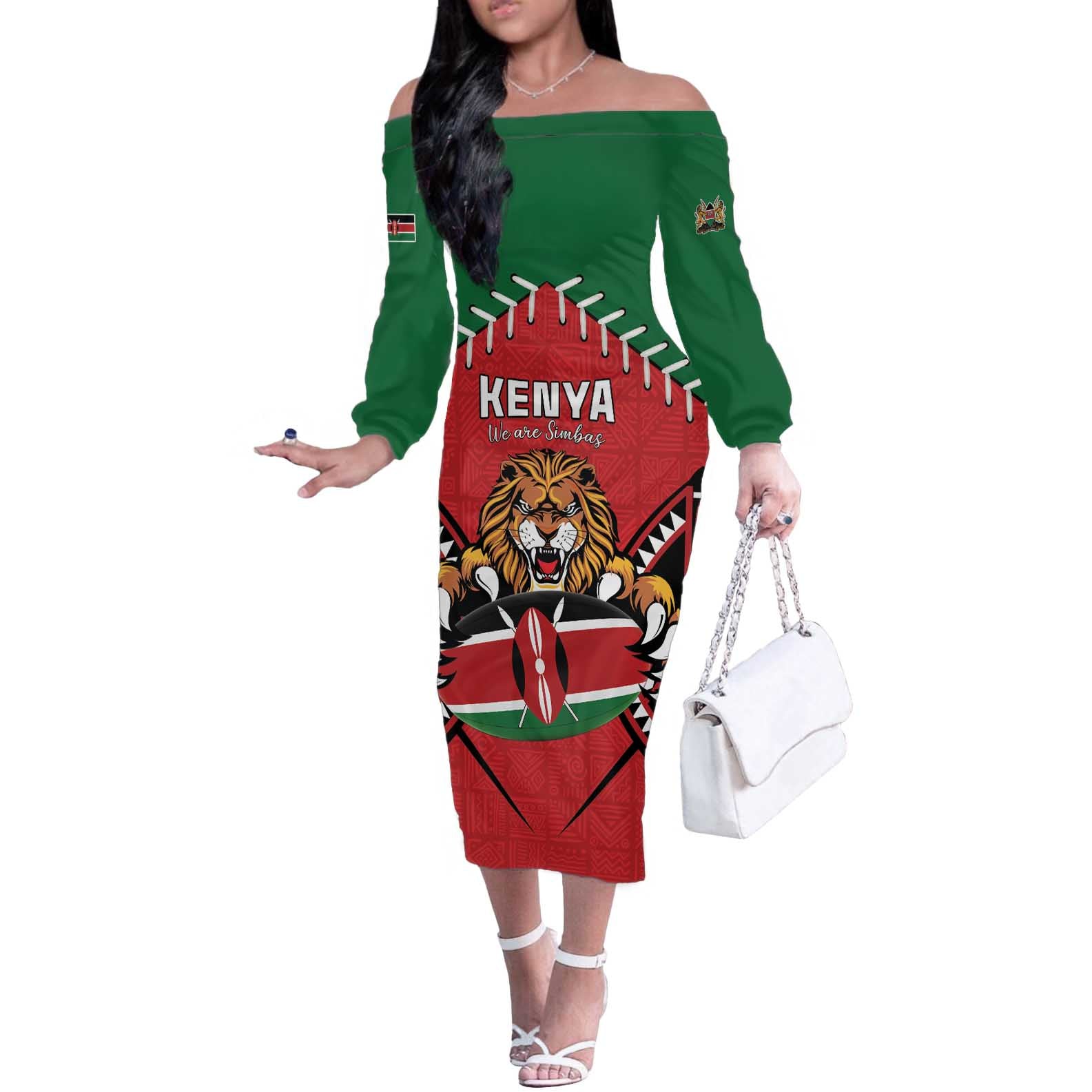 Custom Kenya Rugby Off The Shoulder Long Sleeve Dress Lion Mascot African Pattern