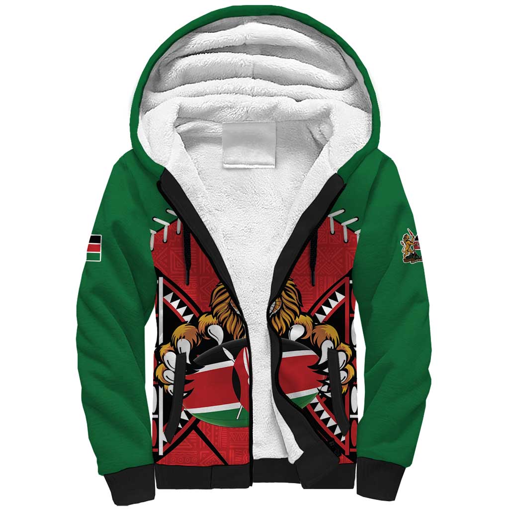 Custom Kenya Rugby Sherpa Hoodie Lion Mascot African Pattern