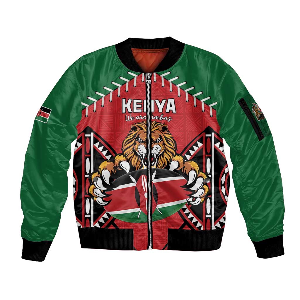 Custom Kenya Rugby Sleeve Zip Bomber Jacket Lion Mascot African Pattern