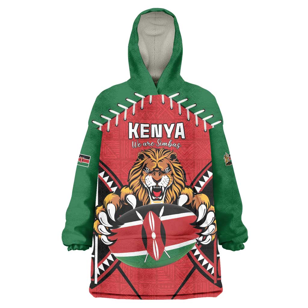 Custom Kenya Rugby Wearable Blanket Hoodie Lion Mascot African Pattern