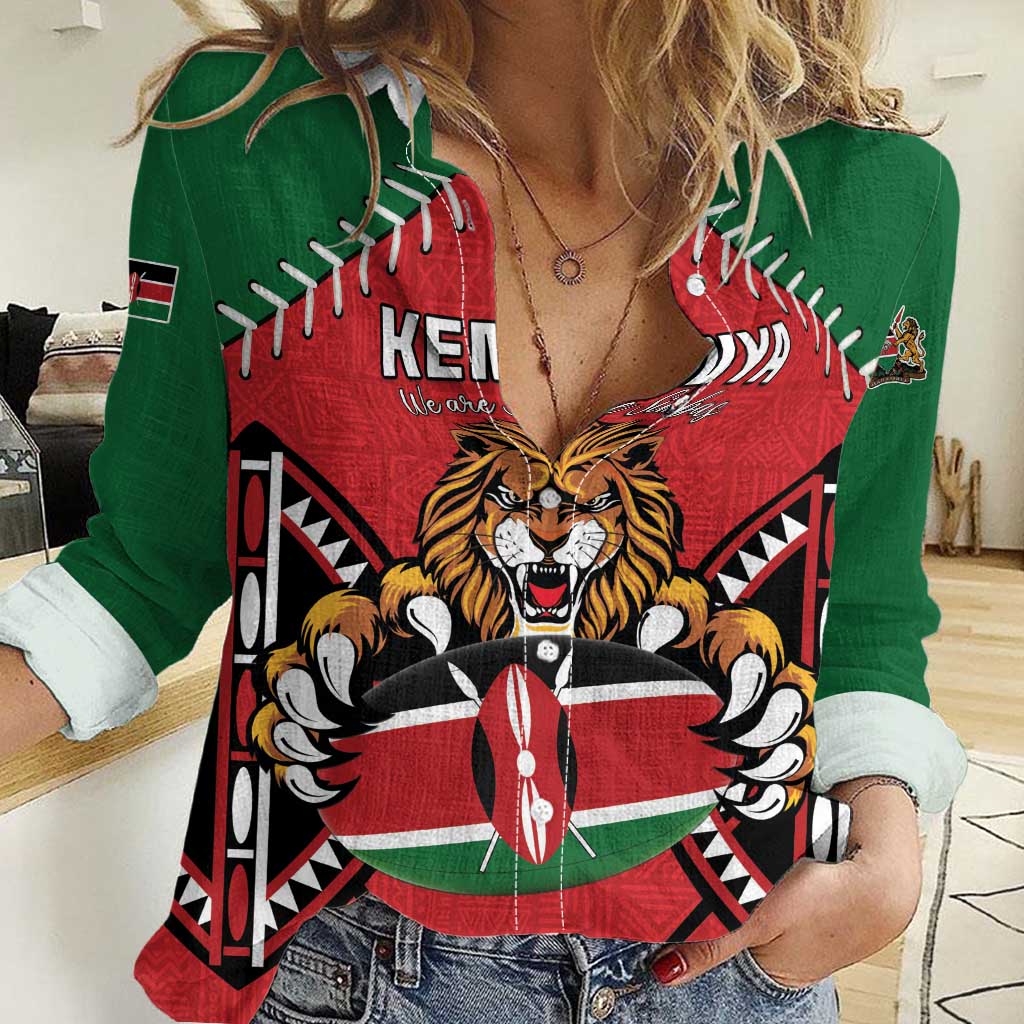 Custom Kenya Rugby Women Casual Shirt Lion Mascot African Pattern