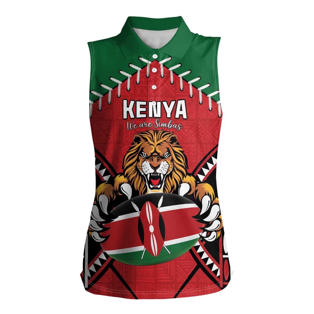 Custom Kenya Rugby Women Sleeveless Polo Shirt Lion Mascot African Pattern