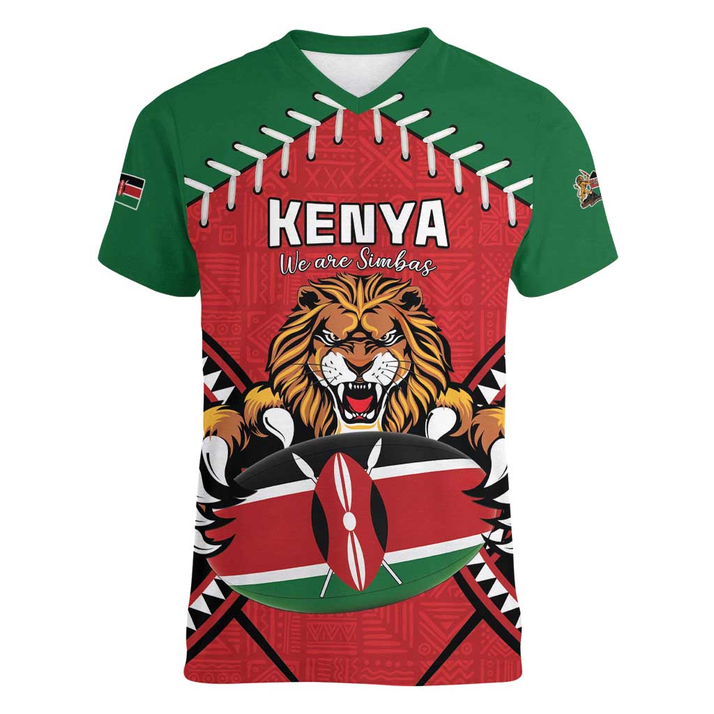 Custom Kenya Rugby Women V-Neck T-Shirt Lion Mascot African Pattern