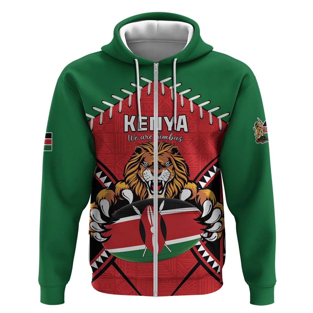 Custom Kenya Rugby Zip Hoodie Lion Mascot African Pattern