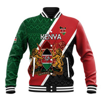 Kenya-themed baseball jacket, red green and black, striped collar, front crest graphic