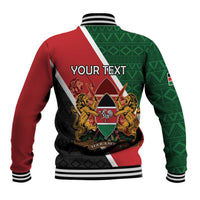 Back view baseball jacket, red green black, diagonal stripe, crest, 'YOUR TEXT' on back