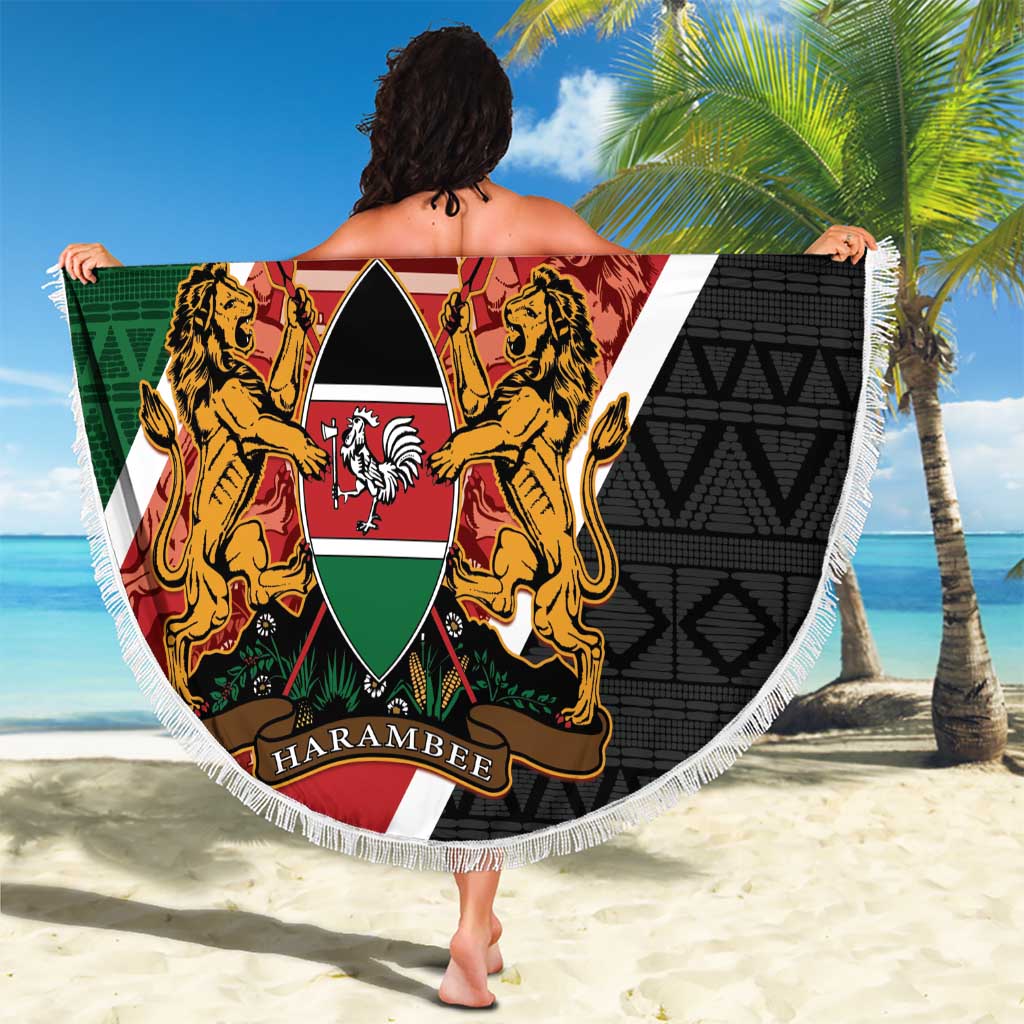 Round Kenya beach blanket with coat of arms, red/green/black design, white fringe edge