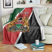 Personalised Kenya blanket with diagonal flag colors red, green, and black; coat of arms and “Your Text”