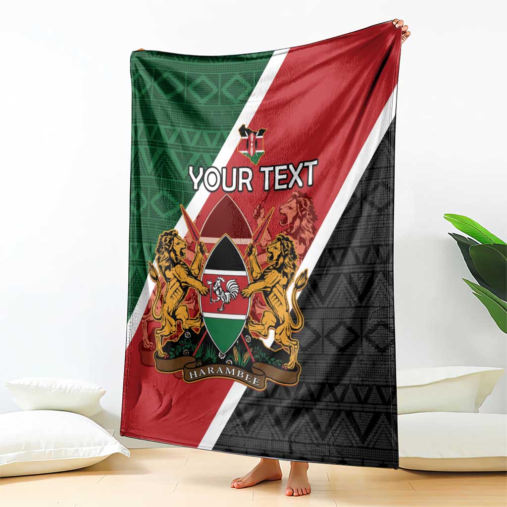 Personalised Kenya blanket draped over couch; red, green, white and black diagonal stripes, coat of arms