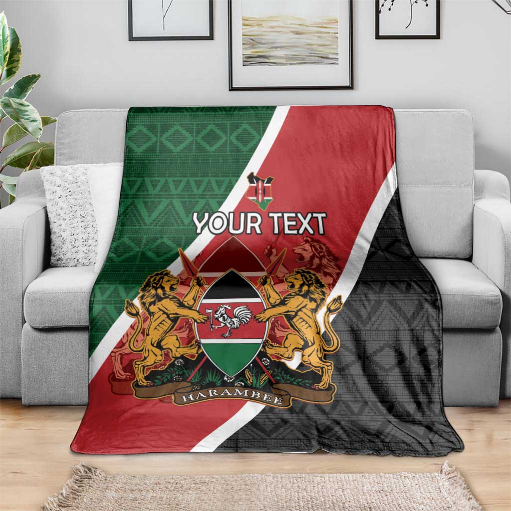 Personalised Kenya blanket on sofa; red and black front with green panel, diagonal flag border, coat of arms
