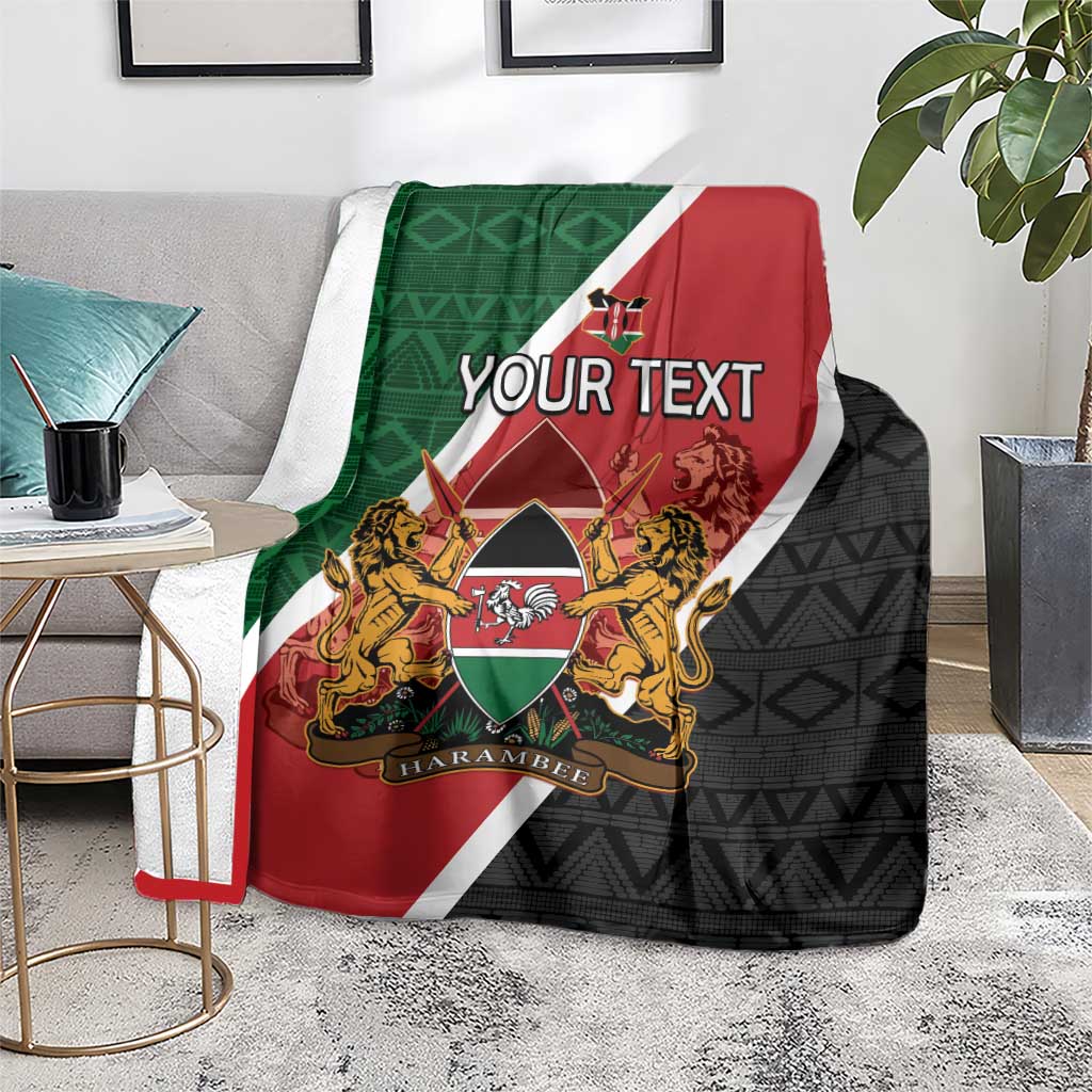 Personalised Kenya blanket folded on living room floor; red, green and black diagonal flag design, coat of arms
