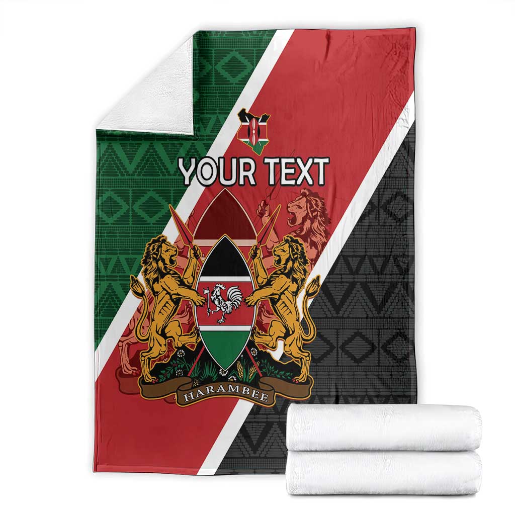 Personalised Kenya blanket stacked with white border; red, green and black flag coat of arms, “Your Text”