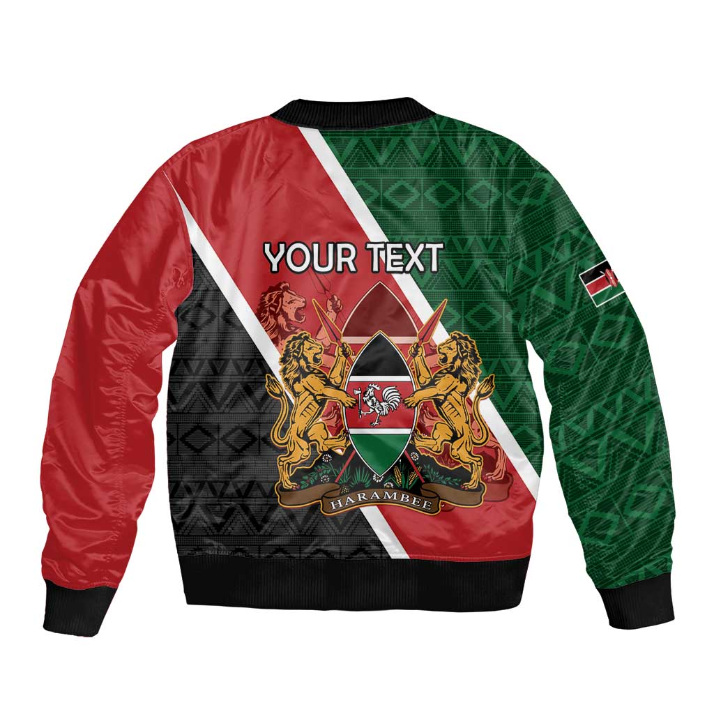 Unisex bomber jacket, red and green back print with YOUR TEXT and national crest